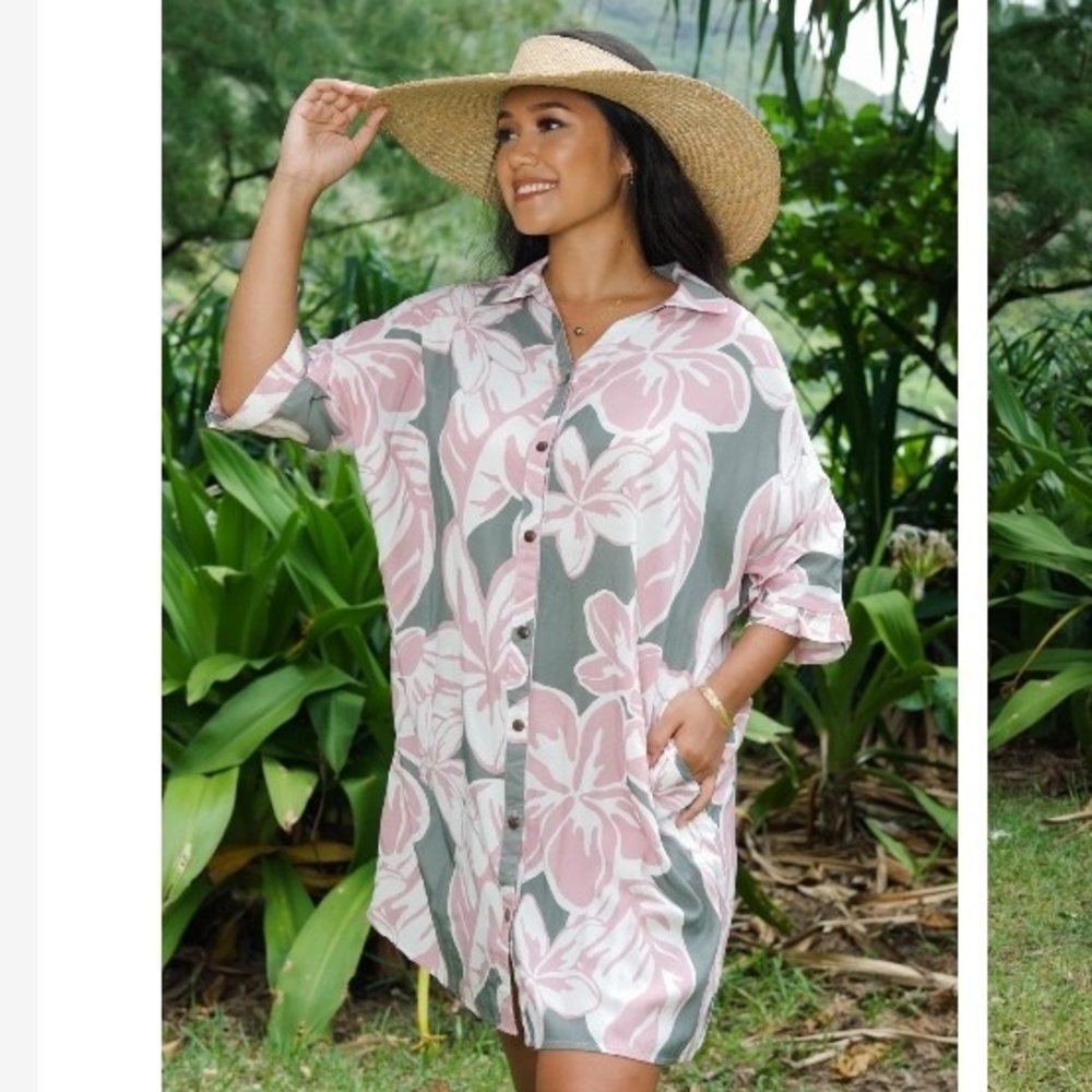 Lexbreezy Aloha Button Down Dress - Pua Melia Pebble Pink